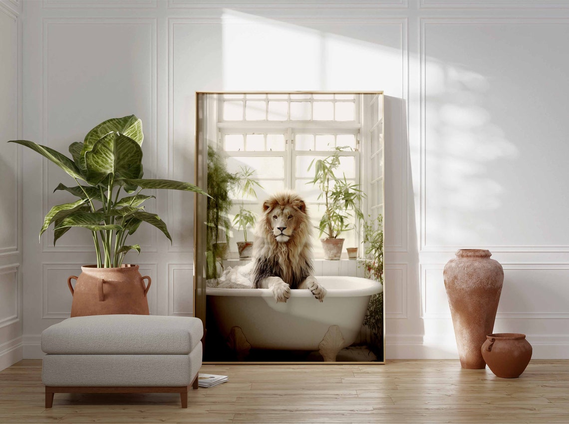 Lion Soaking In Bubbles Among Lush Conservatory Greenery Poster - Image 3