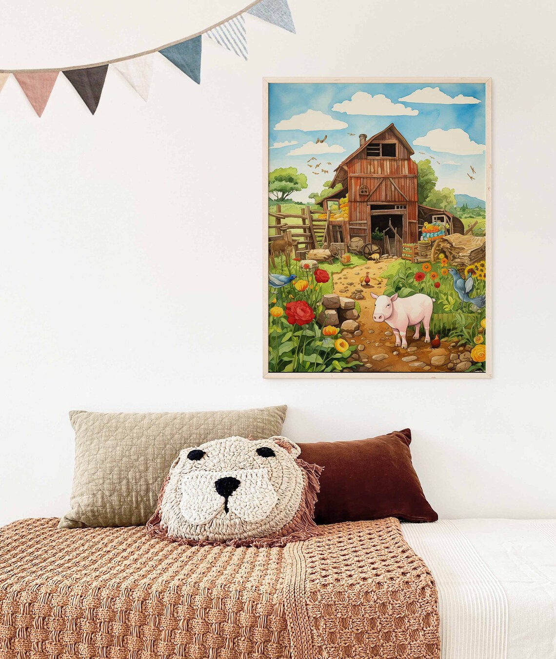 Red Barn Farm Scene With Pink Pig Watercolor Storybook Poster - Image 3