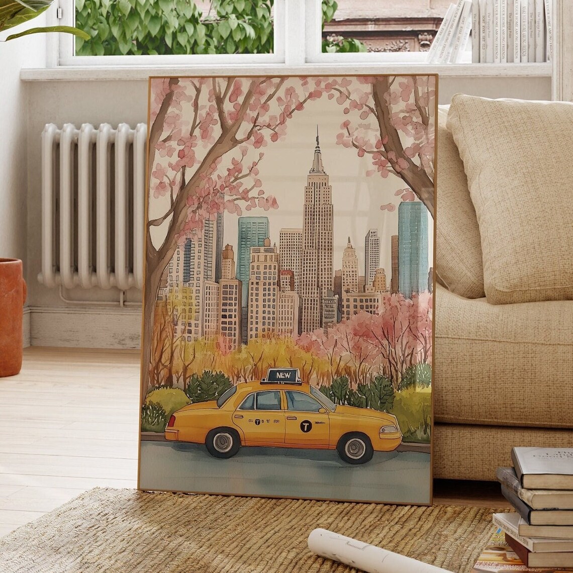 New York City Yellow Taxi Central Park Cherry Blossom Poster