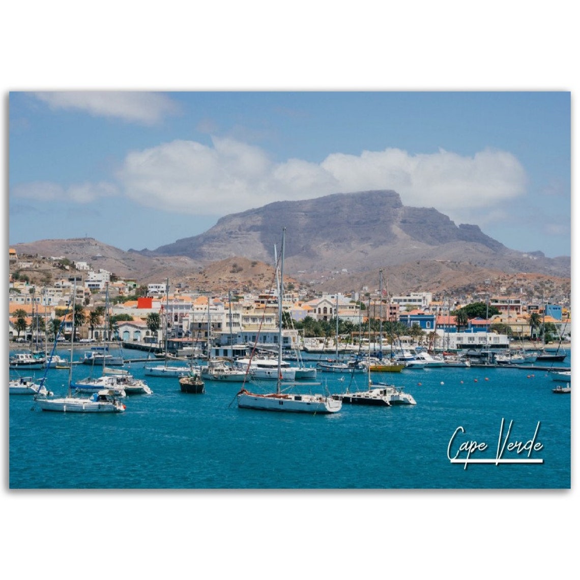 Cape Verde Harbor Sailboats Turquoise Bay Mountain View Travel Poster
