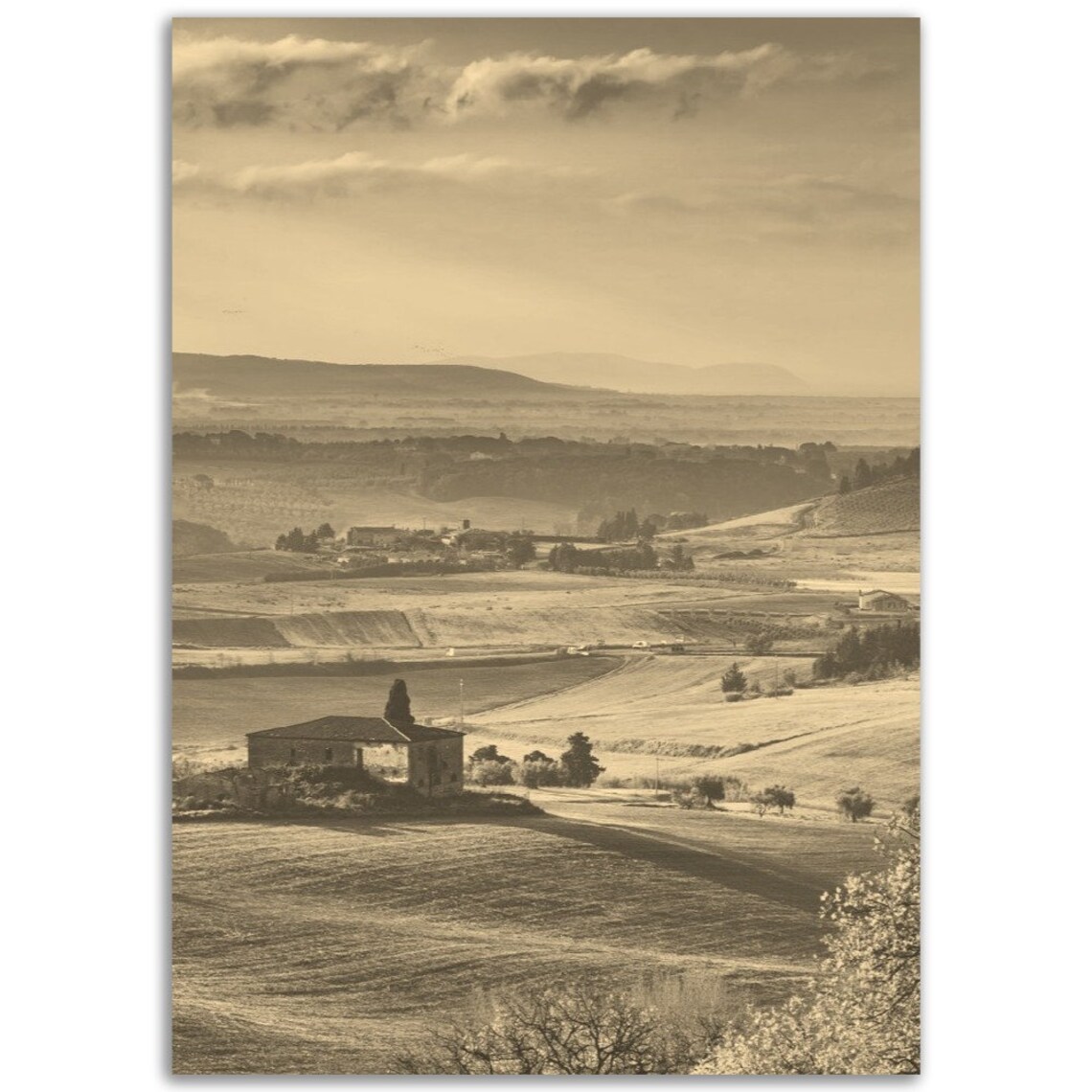 Tuscany Italy Sepia Rolling Countryside Farmhouse Landscape Poster