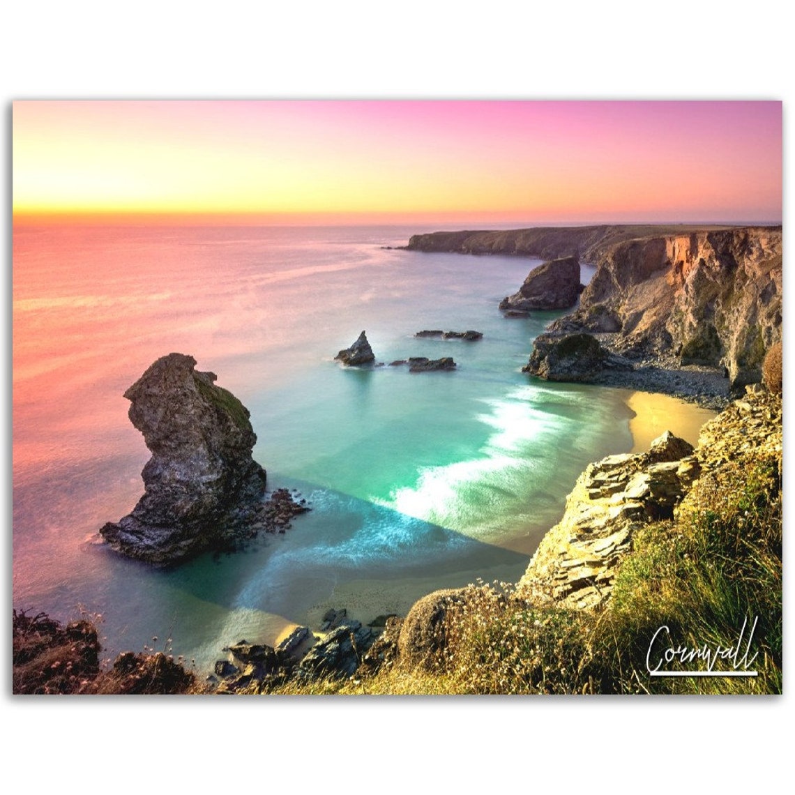 Cornwall Coast Sunset Cliffs Sea Stacks Seascape Photo Poster