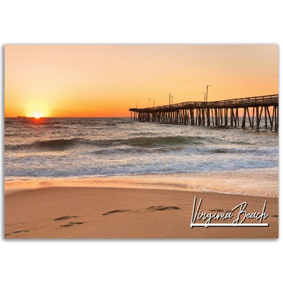 Virginia Beach Sunset Pier Ocean Waves Golden Sand Travel Poster