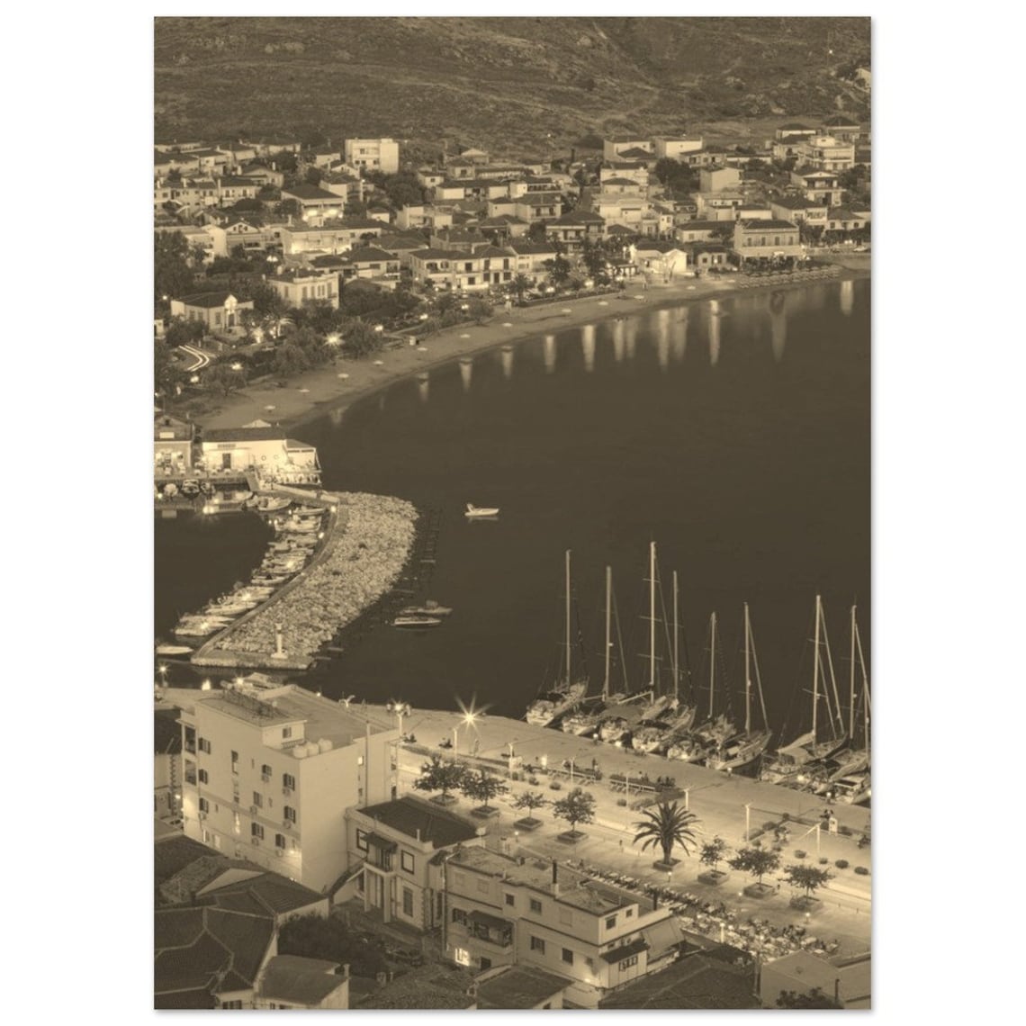Lemnos Greece Port Town Harbor Aerial Sepia Vintage Travel Poster