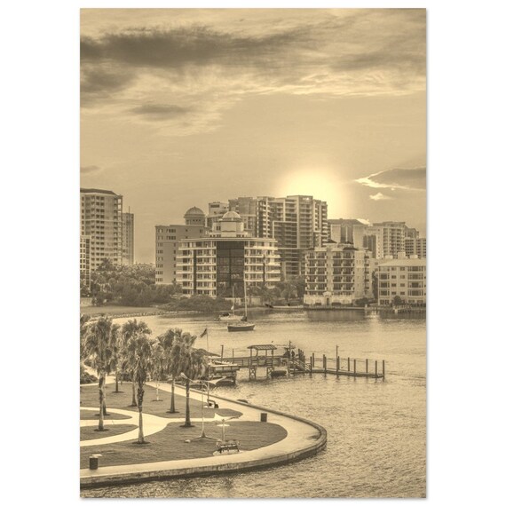 Vintage Sepia Waterfront Marina Sunset Palm Trees Photo Print