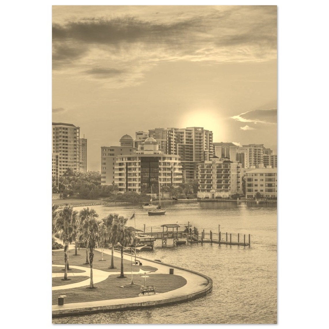 Vintage Sepia Waterfront Marina Sunset Palm Trees Photo Print