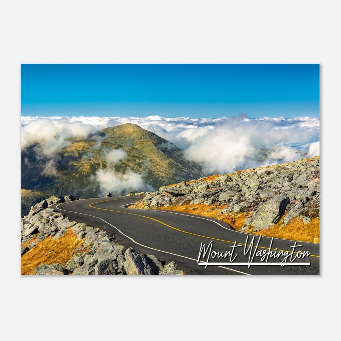 Mount Washington Travel Poster with Scenic Mountain Road Above Clouds