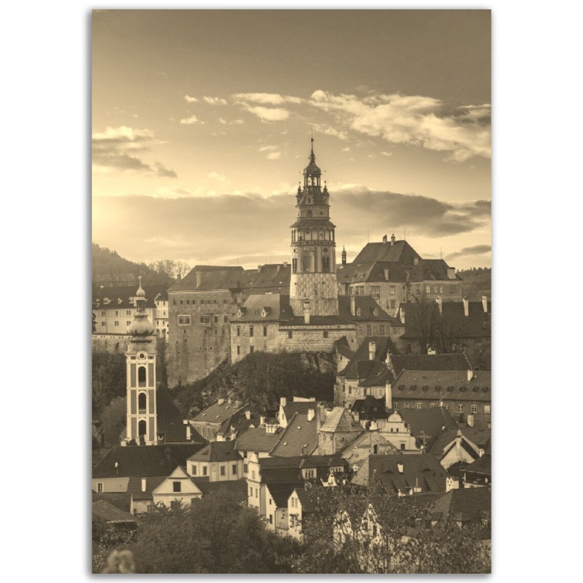 Cesky Krumlov Castle Tower Old Town Sepia Vintage Photo Poster