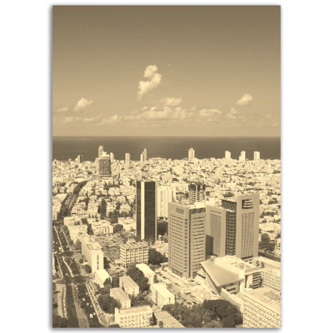 Vintage Tel Aviv Israel Sepia City Skyline Aerial Photo Poster