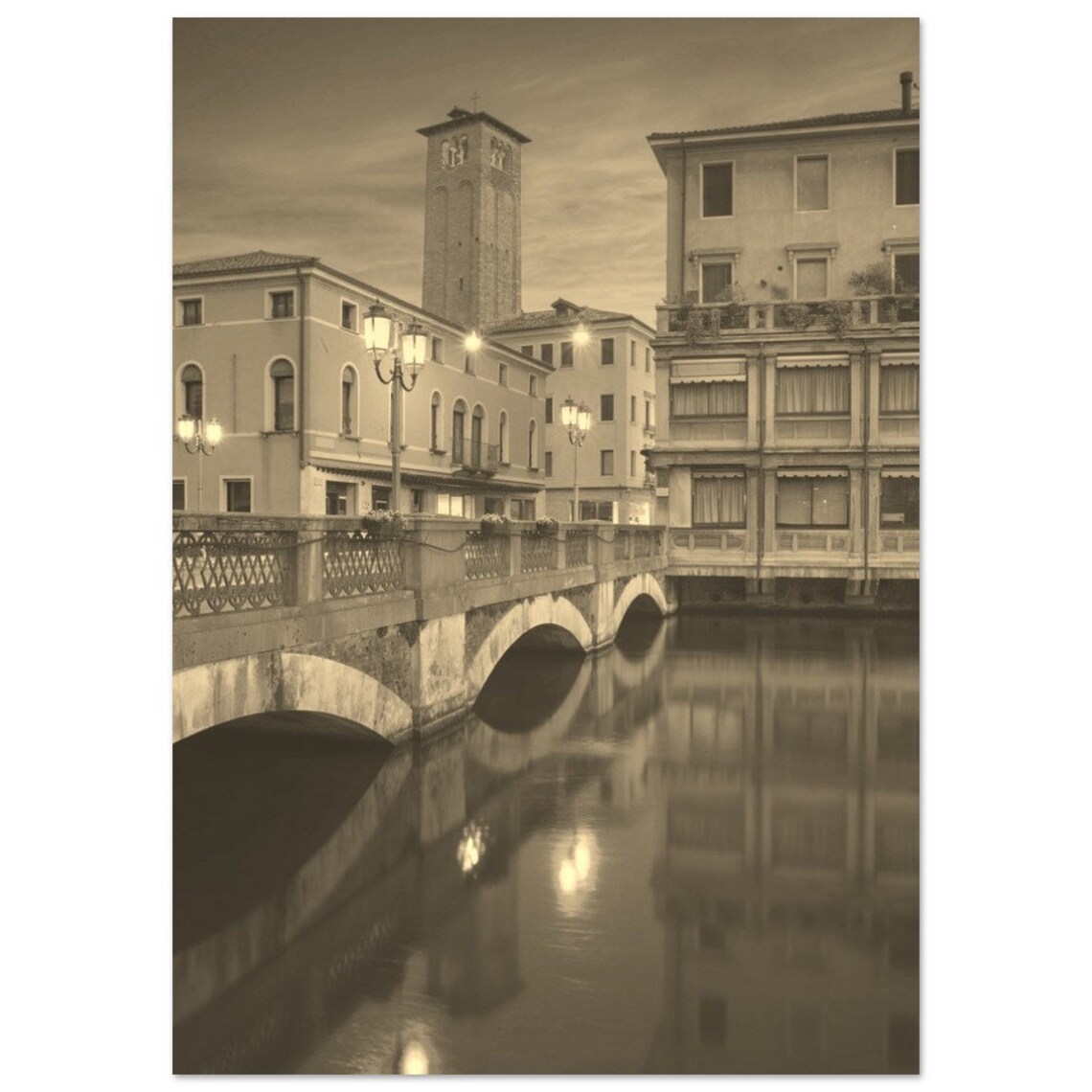 Sepia Italian Canal Stone Bridge Dusk Vintage Europe Photo Print