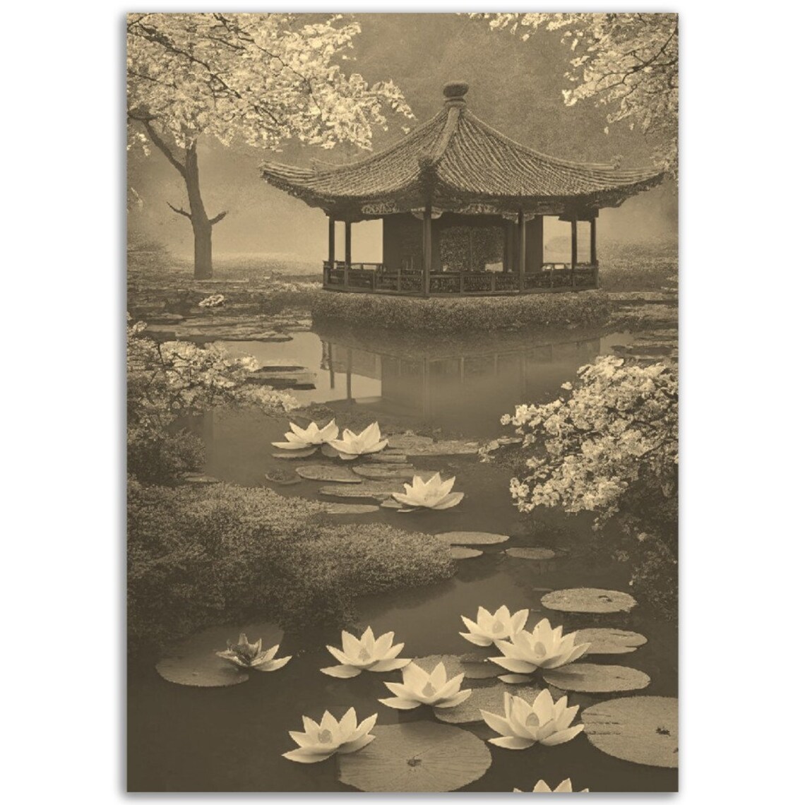 Japanese Temple Garden Pavilion Lotus Pond Vintage Sepia Photo Poster