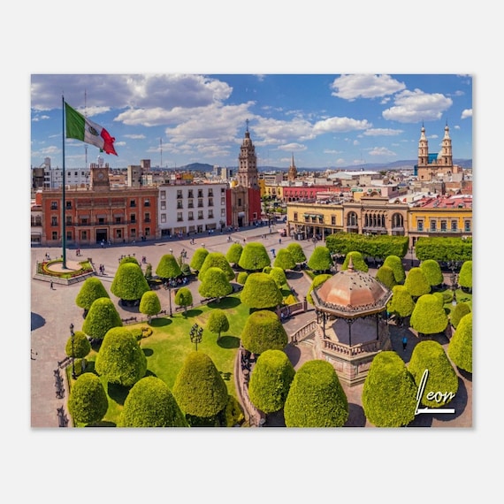 Leon Mexico Colonial Town Square Copper Kiosk Aerial Travel Poster
