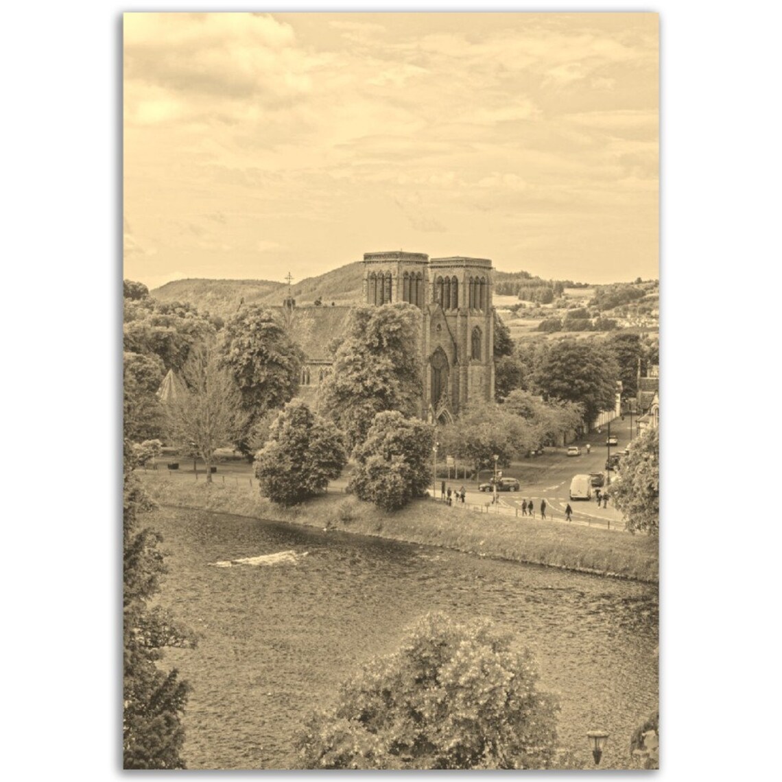 Riverside Church Scottish Town Sepia Vintage Travel Photo Poster