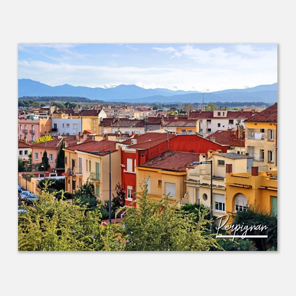 Perpignan France Old Town Red Rooftops Mountains Scenic Travel Poster