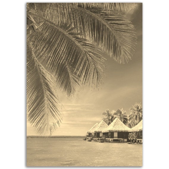 Vintage Fiji Beach Poster, Sepia Tone Travel Print
