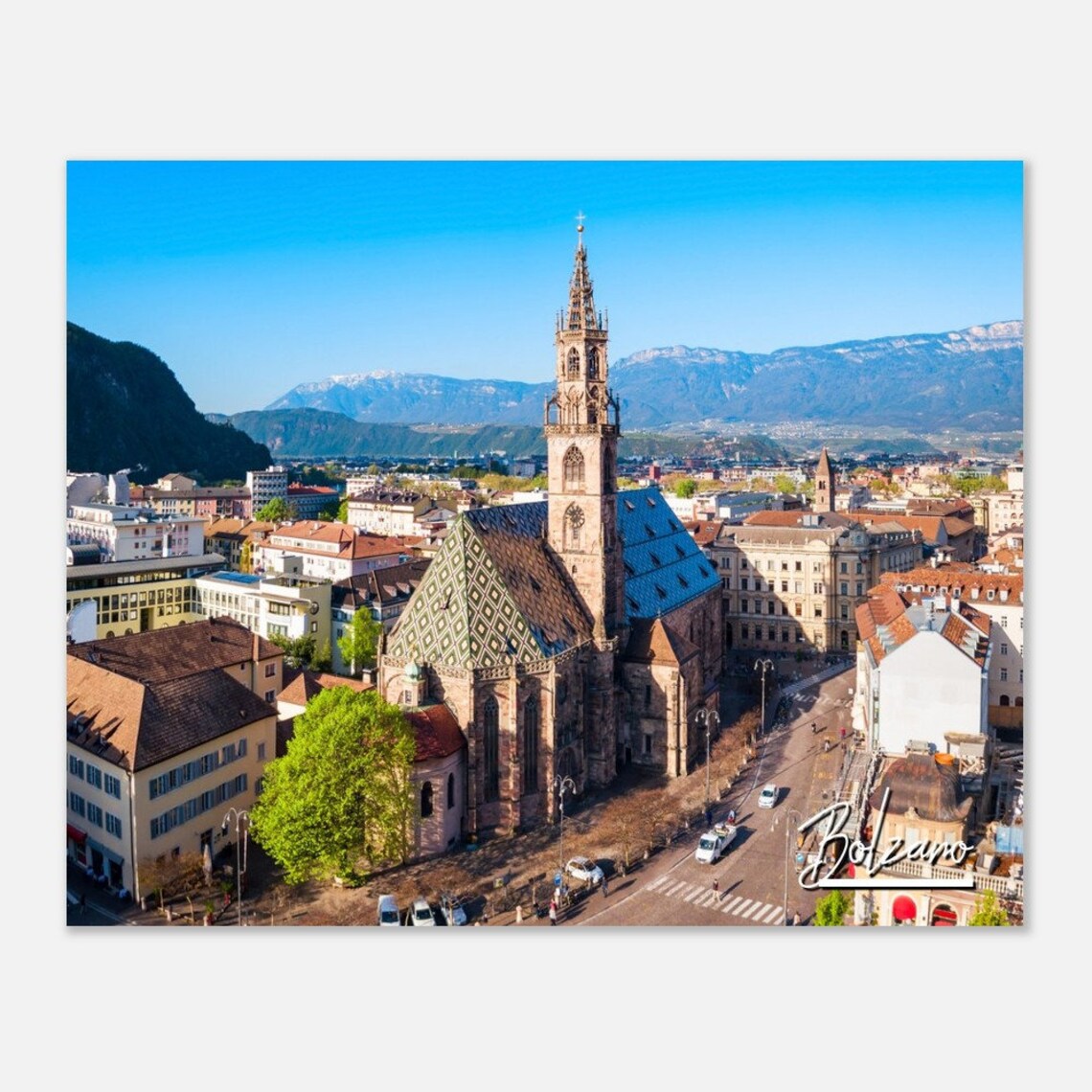 Bolzano Italy Cathedral Aerial Mountain Old Town Travel Poster