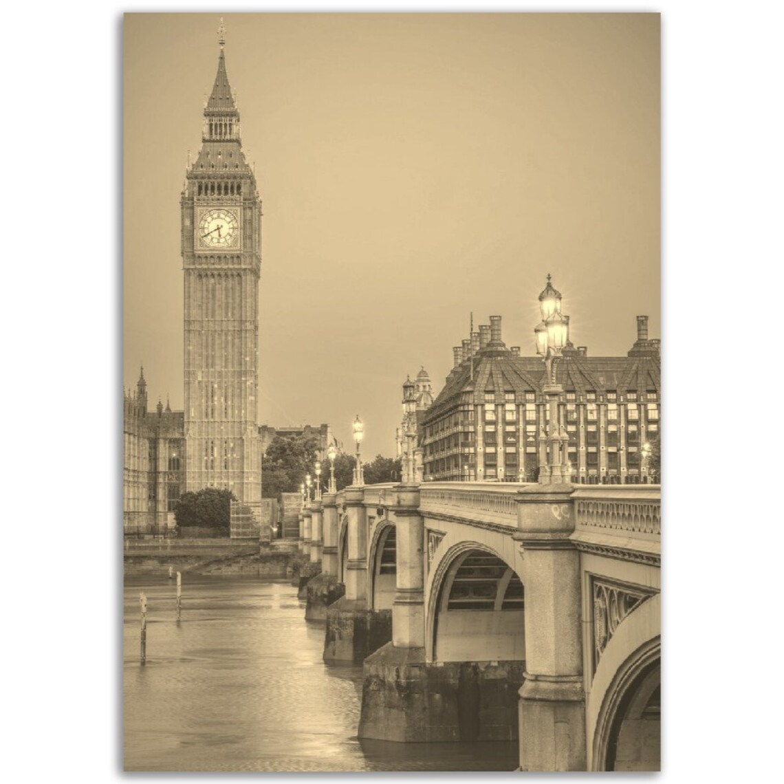 Vintage London Sepia Big Ben Bridge Thames England Travel Poster