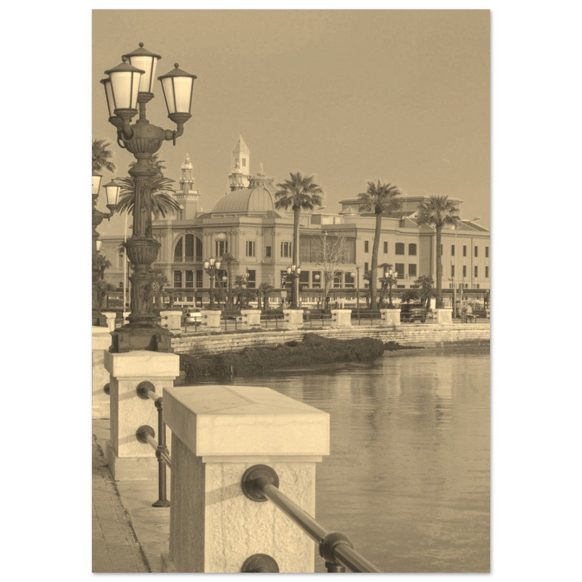 Bari Italy Vintage Sepia Waterfront Promenade Lamp Posts Poster