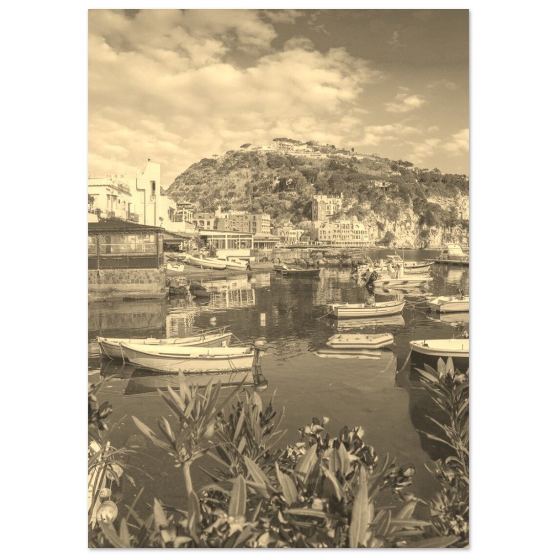 Ischia Italy Sepia Harbor Boats Hillside Town Vintage Travel Poster