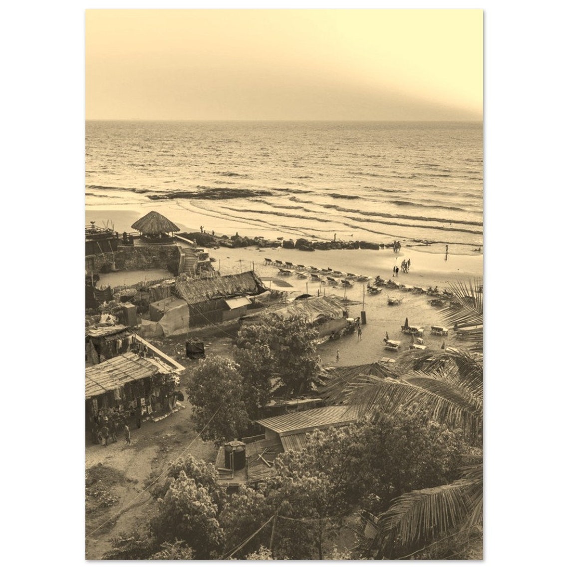 Goa India Vintage Sepia Beach Shacks Palm Shore Travel Poster