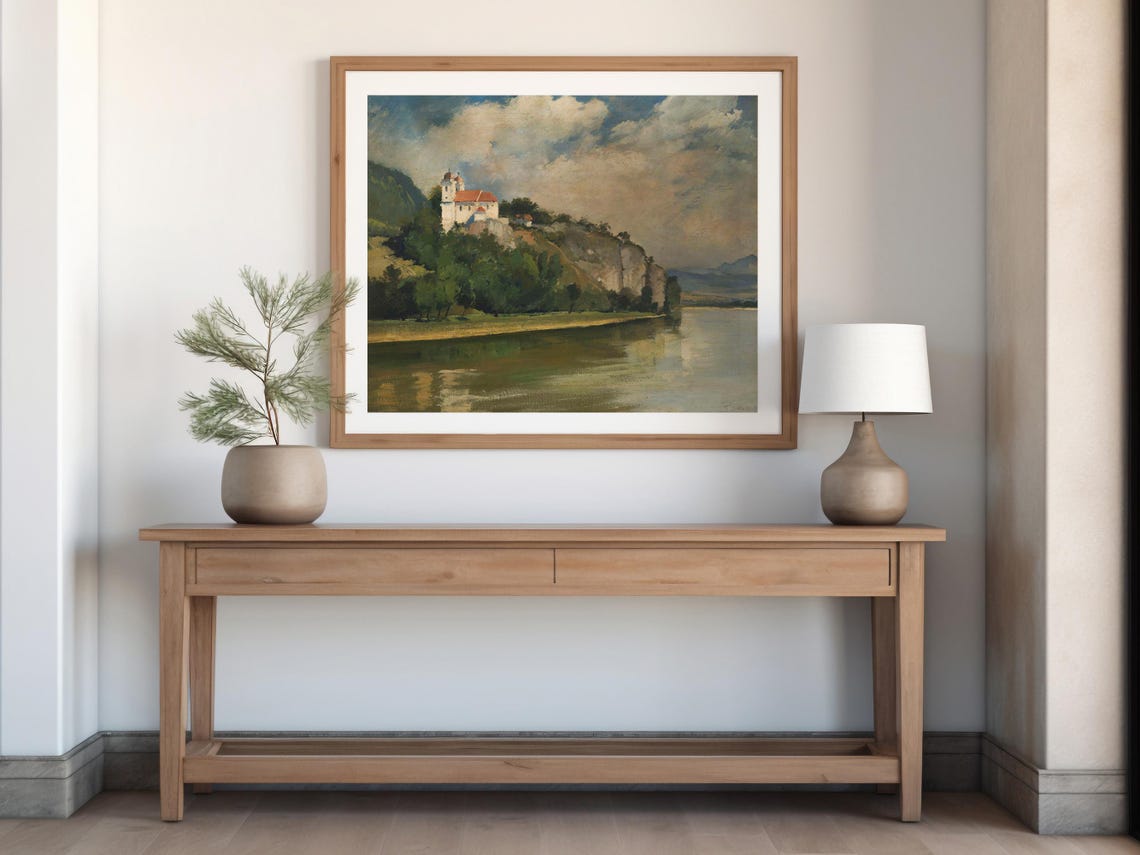 Riverside Castle White Chapel Forested Hill European Landscape Poster - Image 8