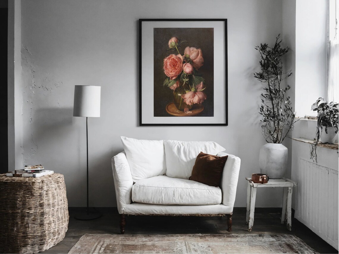 Pink Peonies Glass Vase Moody Dark Floral Still Life Classic Poster - Image 3