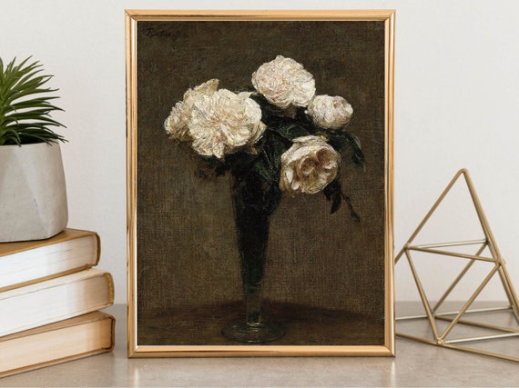 French Dark Moody Roses In Vase Painting Print Rustic Botanical Painting Moody Plant Print Antique Vase Still Life