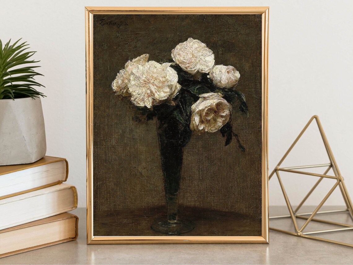 White Roses Tall Glass Vase Dark Background Vintage Floral Poster