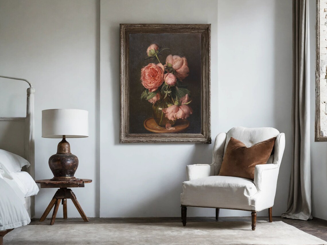Pink Peonies Glass Vase Moody Dark Floral Still Life Classic Poster - Image 4