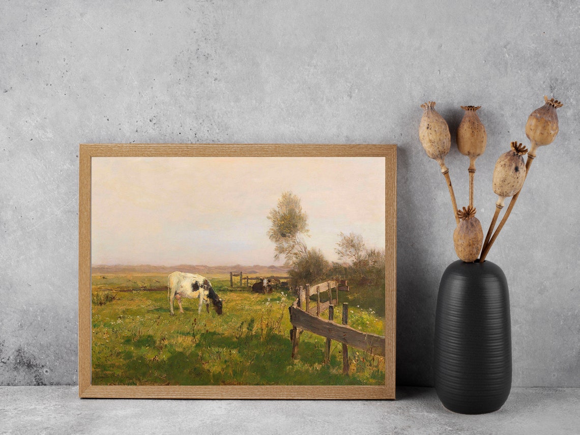 Vintage Cow Grazing Pasture Farm Animal Muted Rustic Painting Poster - Image 2