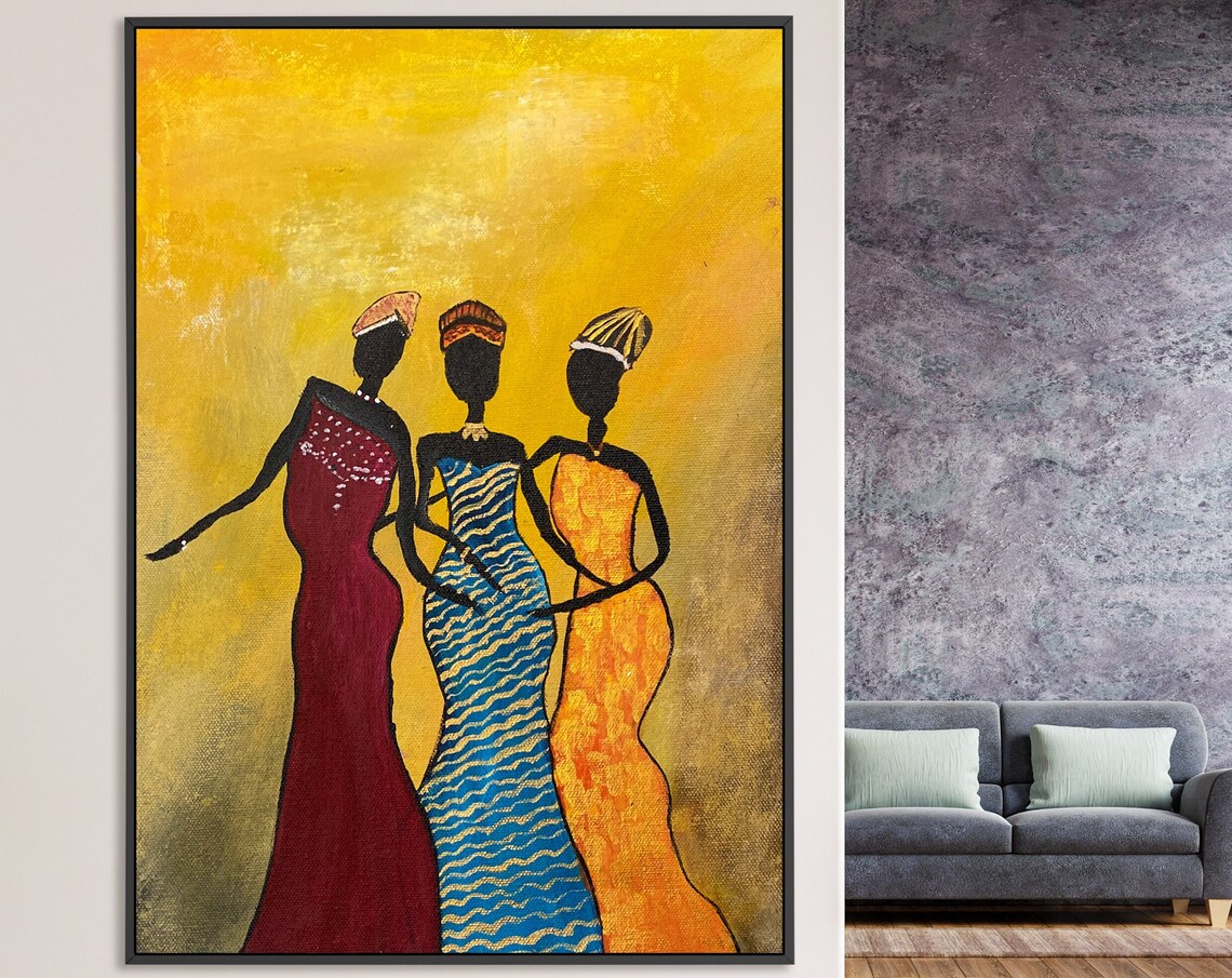 Three African Women Colorful Dresses Golden Cultural Art Wall Poster