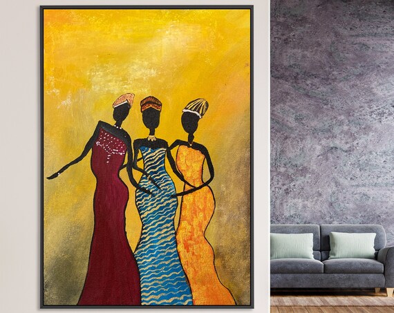 Three African Women Colorful Dresses Golden Cultural Art Wall Poster