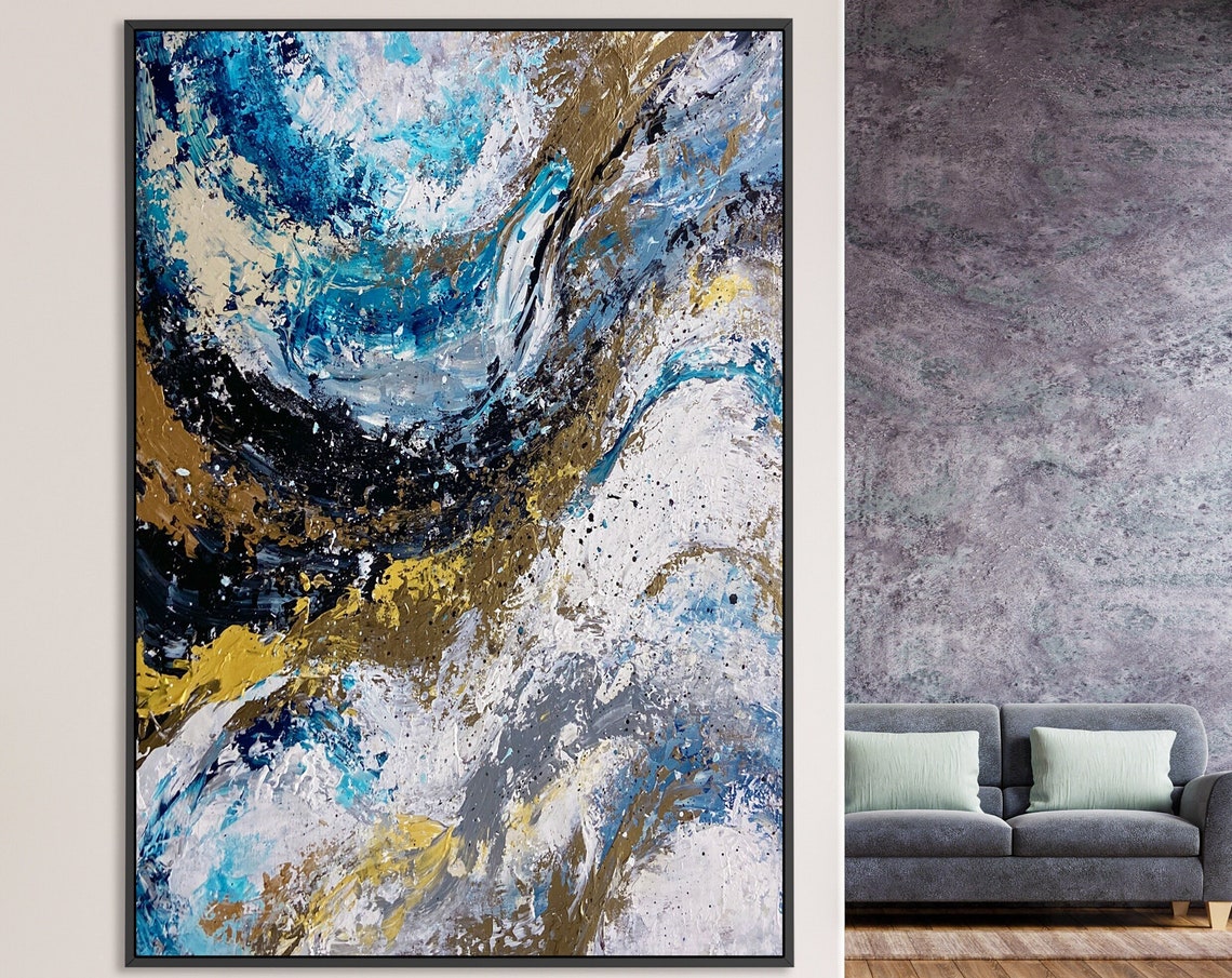 Blue Gold White Swirling Ocean Storm Abstract Vertical Art Poster