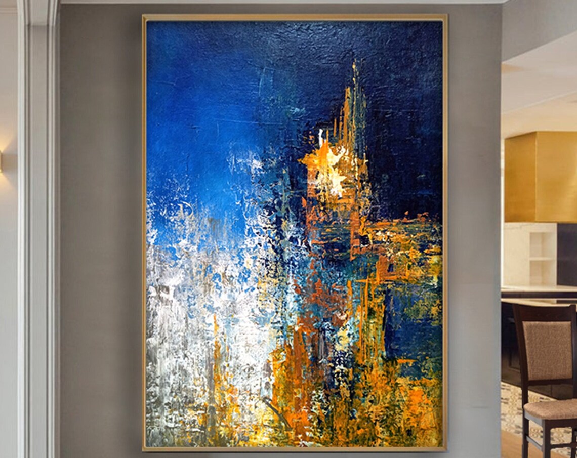 Blue Gold Abstract Fiery Orange Bursts Textured Canvas Art Poster