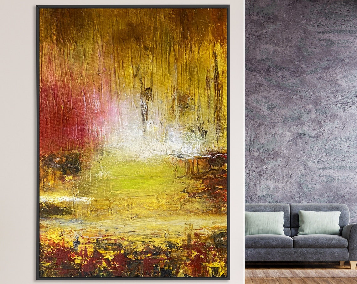 Mustard Gold Abstract Glowing Sunset Drips Textured Art Poster