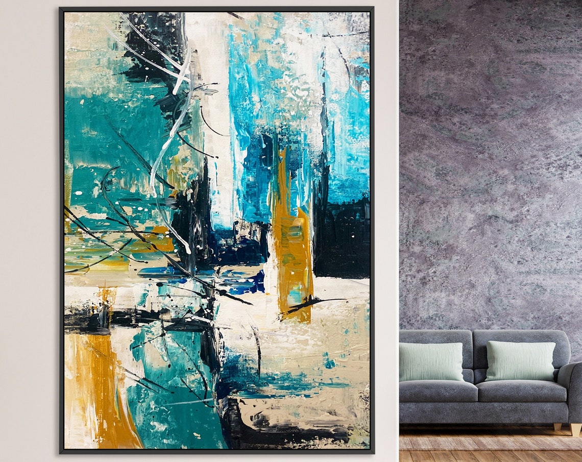 Teal White Gold Urban Textured Abstract City Block Wall Poster
