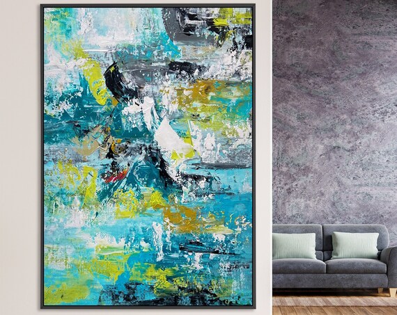 Turquoise Lime Black Splash Energetic Abstract Painting Modern Poster