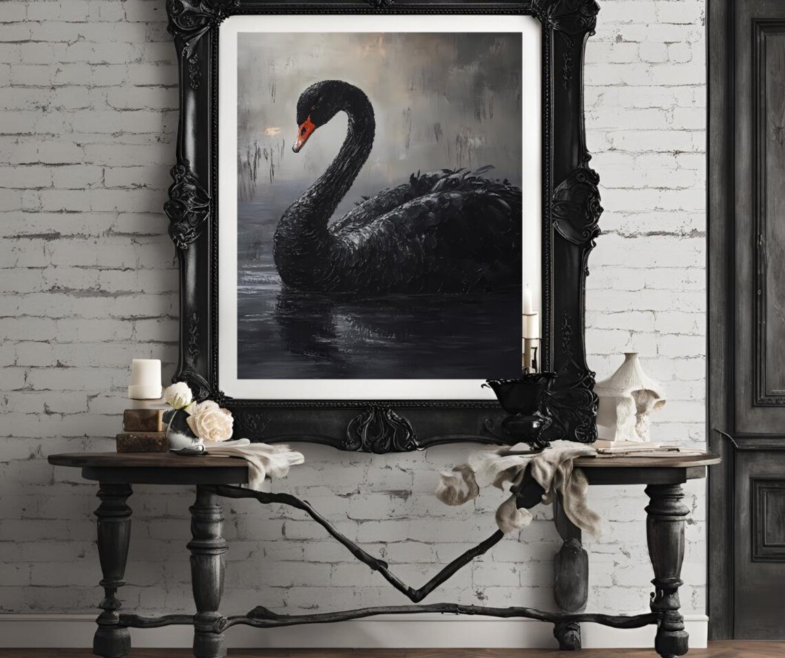 Black Swan Gliding On Dark Water Moody Oil Painting Art Poster - Image 4