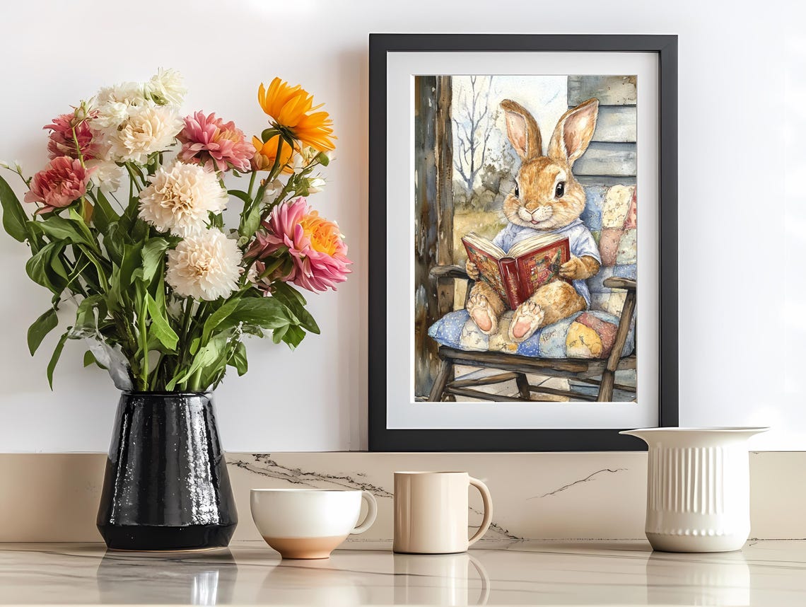 Adorable Rabbit Reading Book Rocking Chair Farmhouse Animal Poster - Image 2