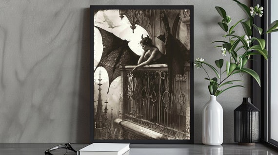 Gothic Fantasy Art Print Dark Angel With Gothic Spires Dramatic Balcony Scene Elegant Gothic Home Decor Dark Fantasy Wall Art