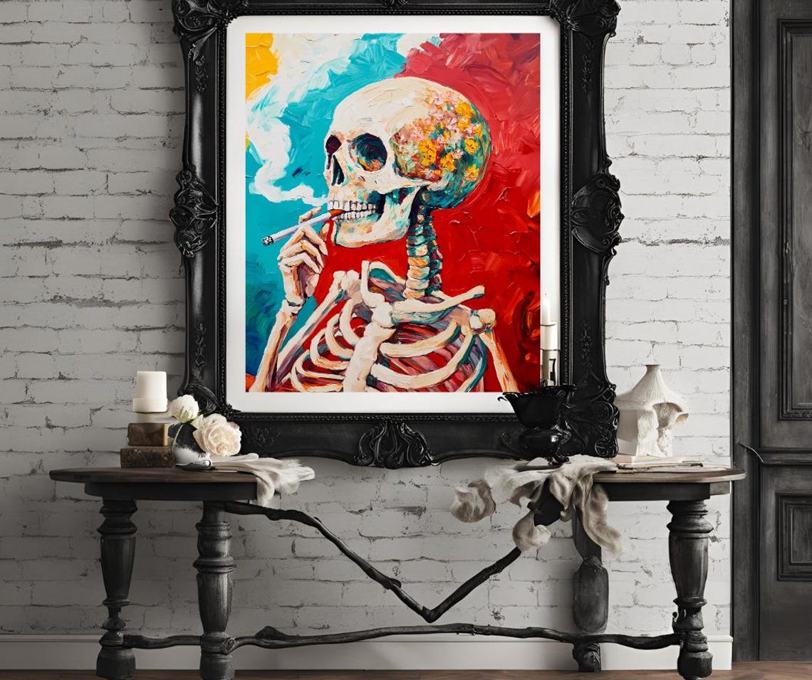 Skeleton Smoking Cigarette Held in Hand Colorful Teal and Red Poster - Image 4