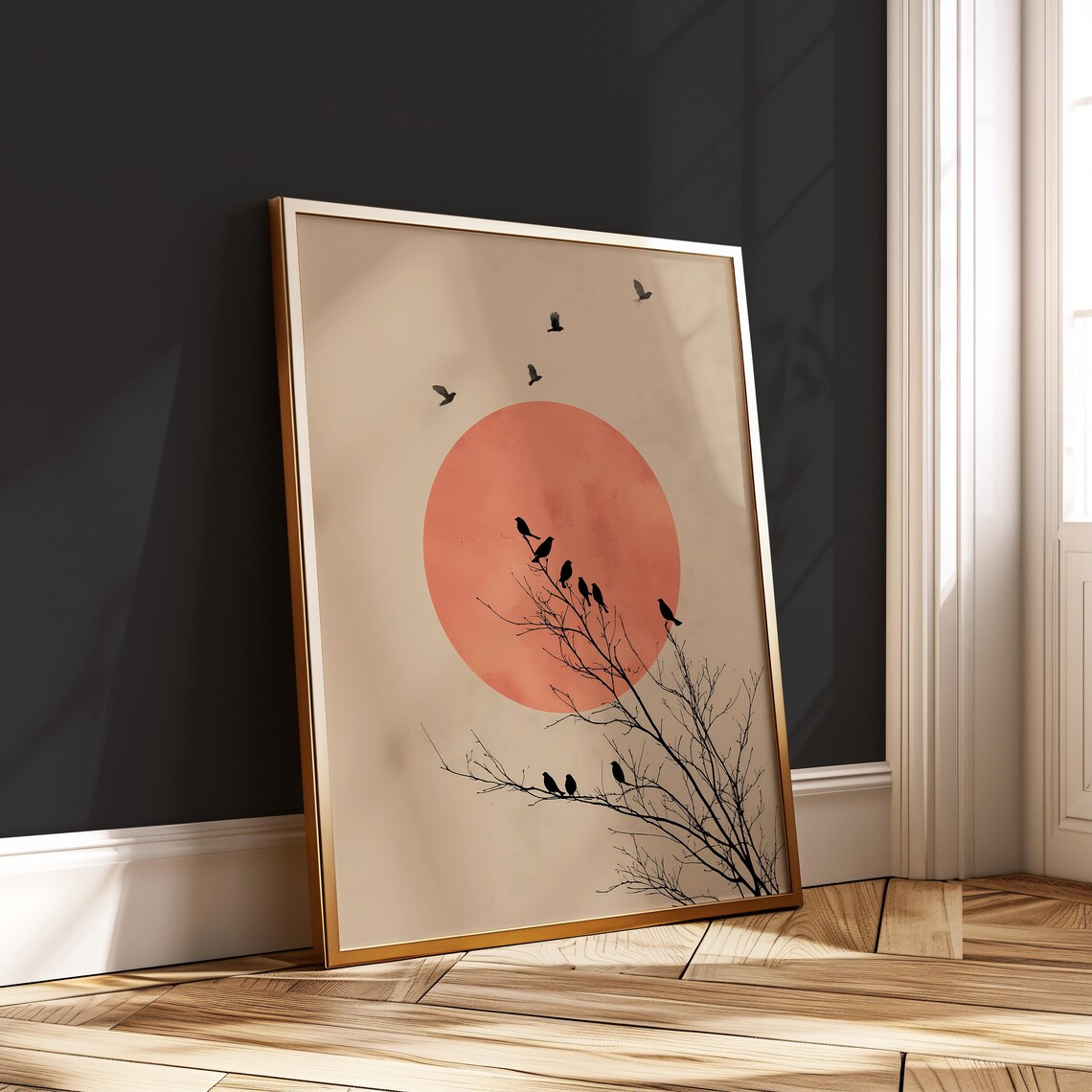 Japandi Birds On Branch Red Sun Minimalist Wall Art Nature Poster