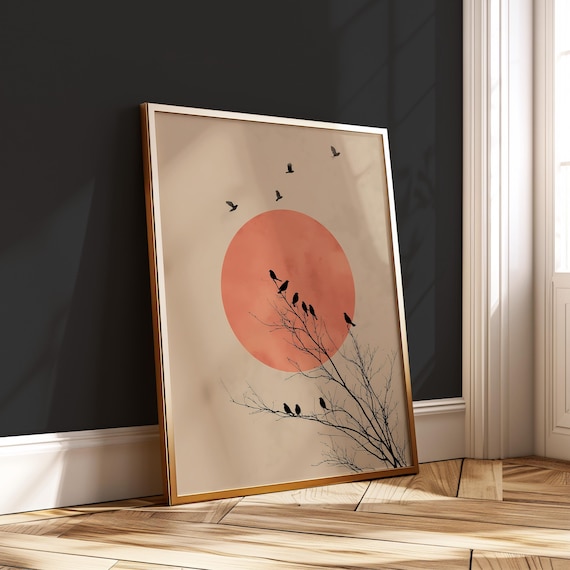 Japandi Birds On Branch Red Sun Minimalist Wall Art Nature Poster