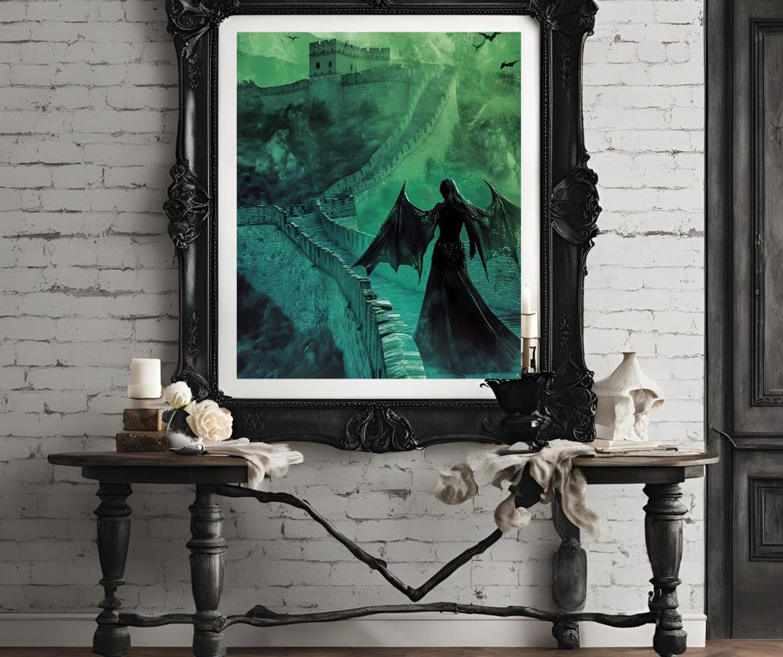 Dark Gothic Woman Great Wall China Emerald Green Fantasy Art Poster - Image 4