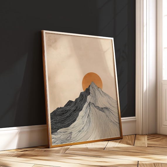 Japandi Mountain Peak Linework With Orange Sun Vertical Zen Wall Art