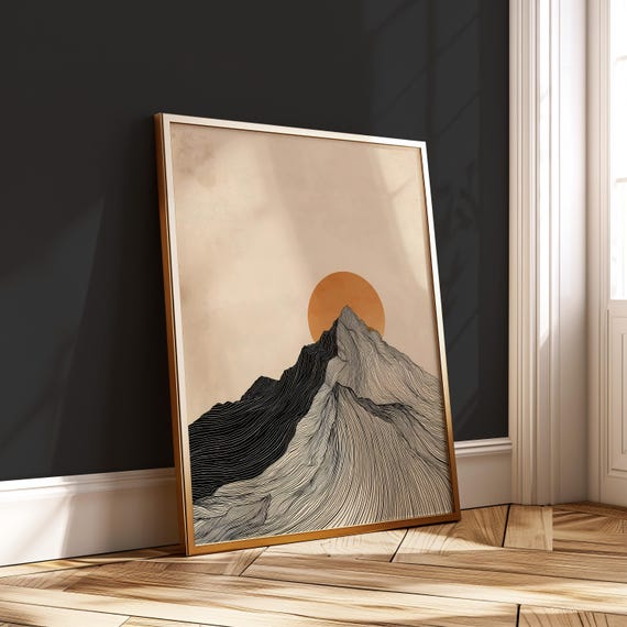Japandi Mountain Peak Print Minimalist Line Art With Sun Vertical Poster