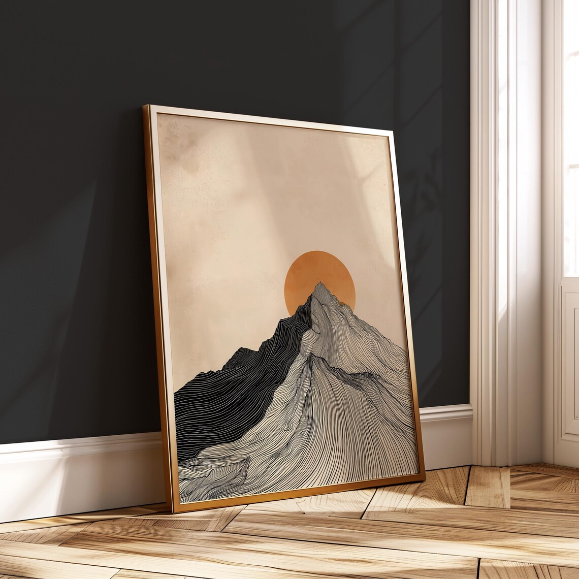 Japandi Mountain Peak Print Minimalist Line Art With Sun Vertical Poster