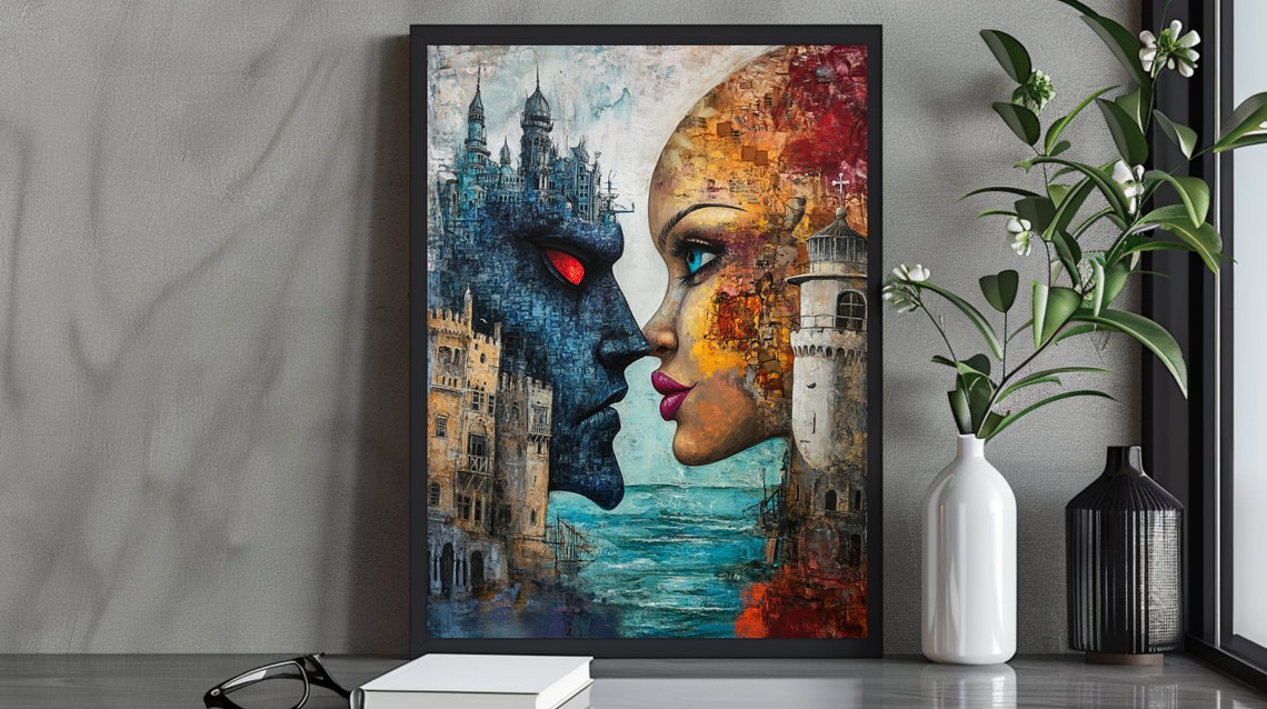 Colorful Surreal Duality Artwork Fantasy Castle And Face Art Abstract Ocean Landscape Unique Wall Art For Home Decor