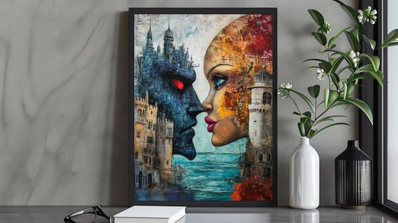 Colorful Surreal Duality Artwork Fantasy Castle And Face Art Abstract Ocean Landscape Unique Wall Art For Home Decor