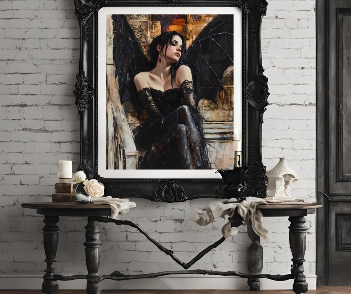Dark Angel Woman With Black Bat Wings Gothic Romance Art Poster - Image 4